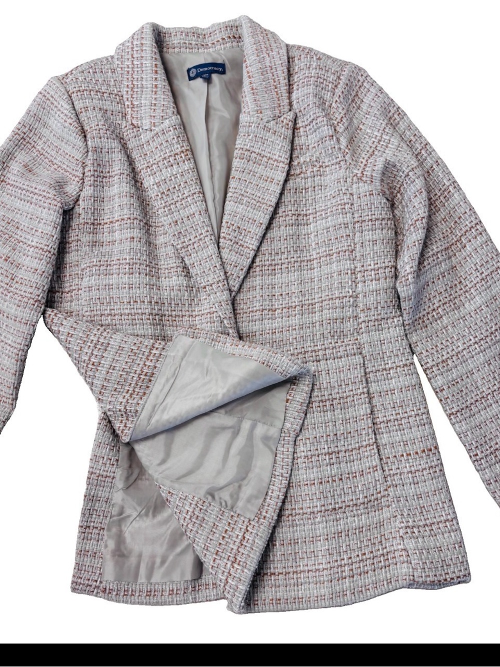Democracy Tweed Basket Weave Relaxed Fit Lined Blazer Light Gray/ Rust XS
